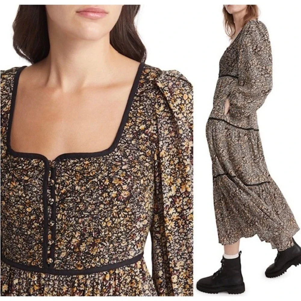 Madewell Cottage Garden Embroidered‎ Tiered Puff Sleeve Midi Dress Black 10